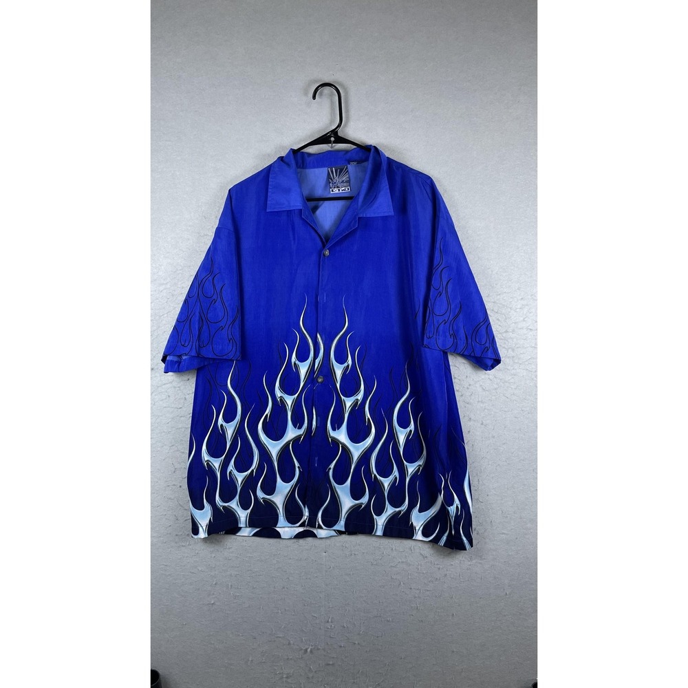 D-TWO Shirt Mens XL Blue Flame Button Front Bowling Camp Aloha Casual‎ Retro
